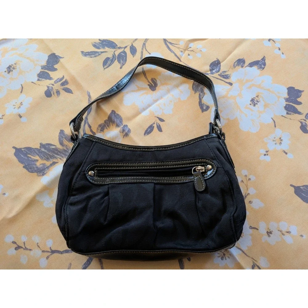 Black Jacquard‎ Swirl Print Shoulder Bag Faux Leather Trim Small Hobo Bag